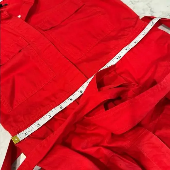 J. Crew Red Cotton Button Down Collar Pockets Sleeveless Belted Tiered Dress- 6 - Picture 7 of 11